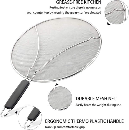 13"Larger Stainless steel splatter guards for frying pan with thermo plastic handles" Keep your kitchen safe & clean by this grease splatter screen!"-Say Goodbye to Oil Splatters!"