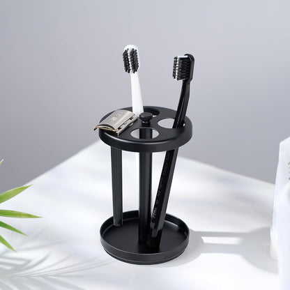 Black Stainless Toothbrush Holder Stand: Rustproof Bathroom Countertop Organizer, 4 Ventilated Slots Hold Manual Toothbrushes, Razor