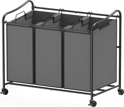 Simple Houseware Heavy Duty 3-Bag Laundry Sorter Rolling Cart, Dark Grey | Removable Bags and Lockable Wheels for Laundry Room Organization