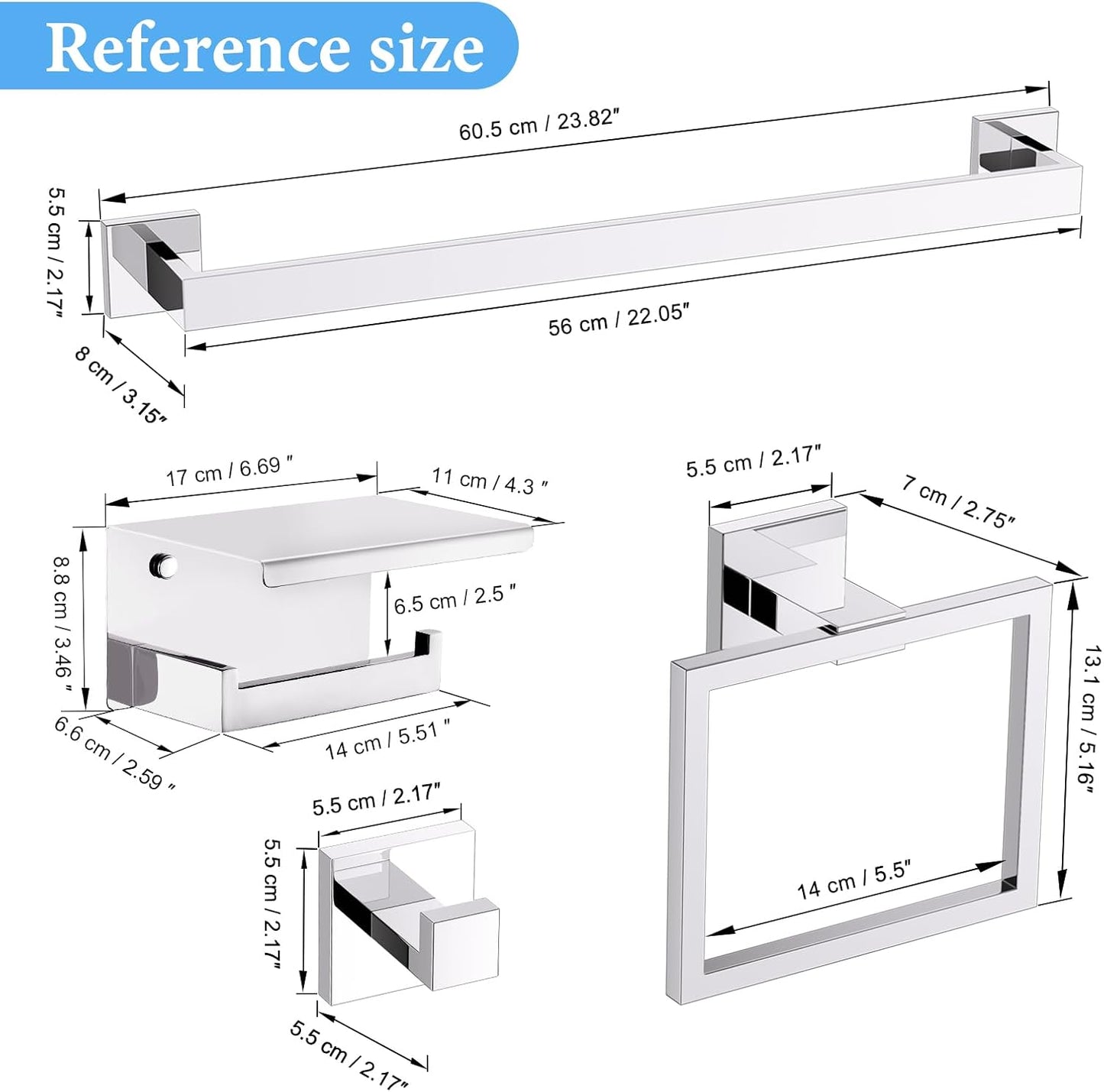 TURS Bathroom Hardware Set Black 4-Piece Towel Bar Set Include 24 Inch Towel Bar Hand Towel Holder Towel Hook Toilet Paper Holder with Shelf Wall Mounted Stainless Steel Bathroom Accessories Set