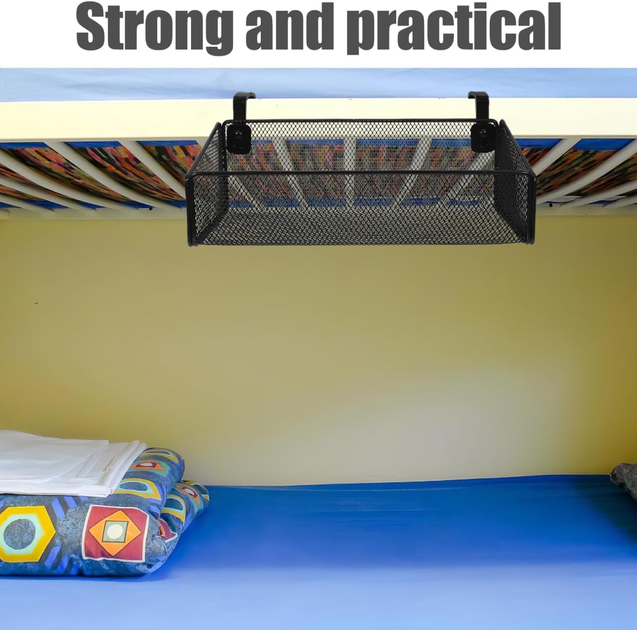 ULTECHNOVO Bedside Caddy Shelf Hanging Storage Basket for Bunk Bed, Office Cubical Walls, Baby Rails, College Dorm Organizer - with 10 Hooks for Phone, Glass, Magazine, Decor (Black)