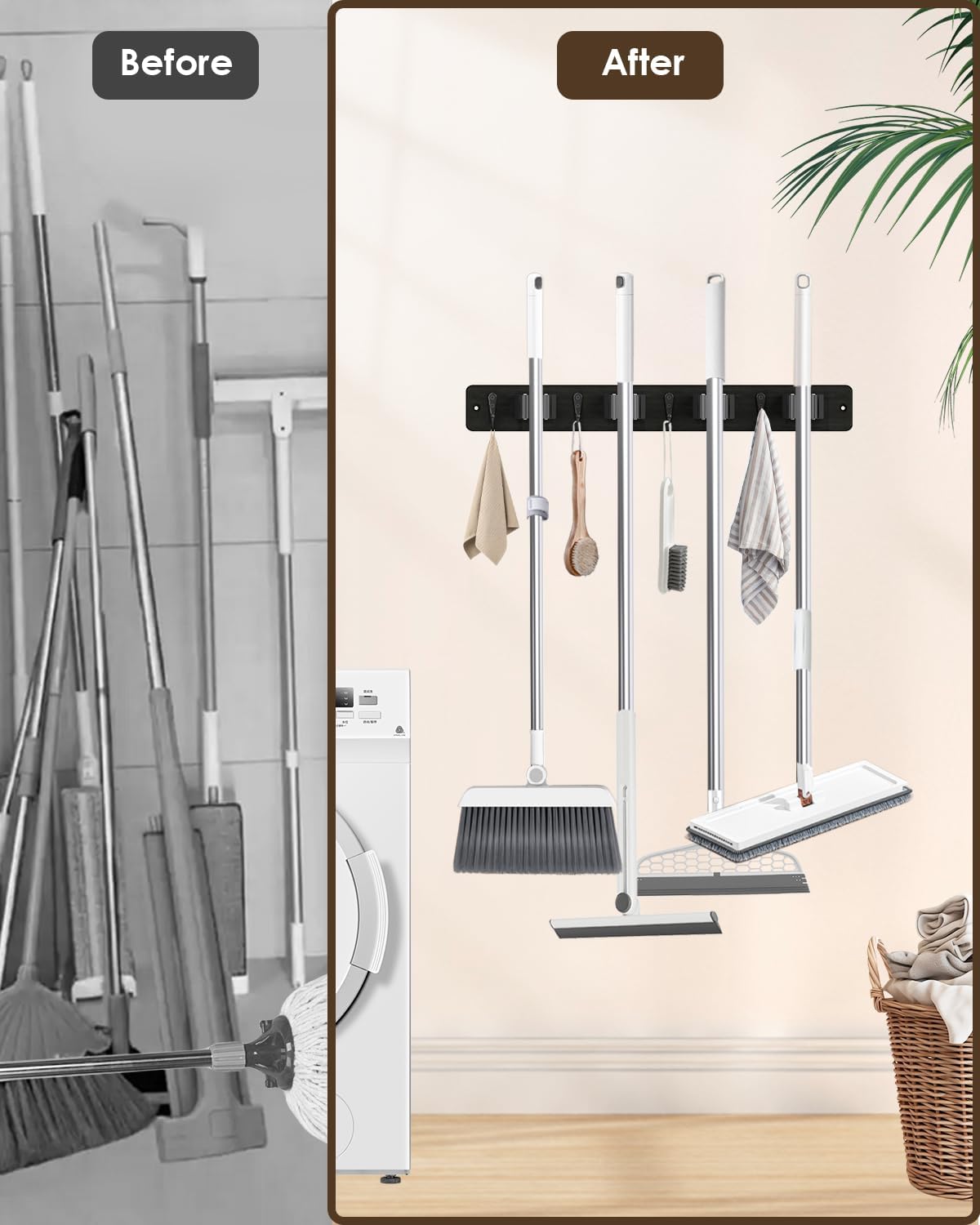 Broom Holder Wall Mount, 4 Holders 4 Hooks Mop and Broom Organizer | Mop Holder Wall Mount and Broom Hanger for Garage, Laundry Room, Kitchen and Utility Storage