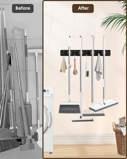 Broom Holder Wall Mount, 4 Holders 4 Hooks Mop and Broom Organizer | Mop Holder Wall Mount and Broom Hanger for Garage, Laundry Room, Kitchen and Utility Storage