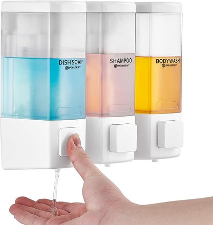 Pollock Shampoo and Conditioner Dispenser,Black 3 Chamber * 500ML | Shower Soap Dispenser Wall Mounted, Body Wash Dispenser No Drill,Refillable Shower Dispenser for Bathroom,Hotel,Public Place