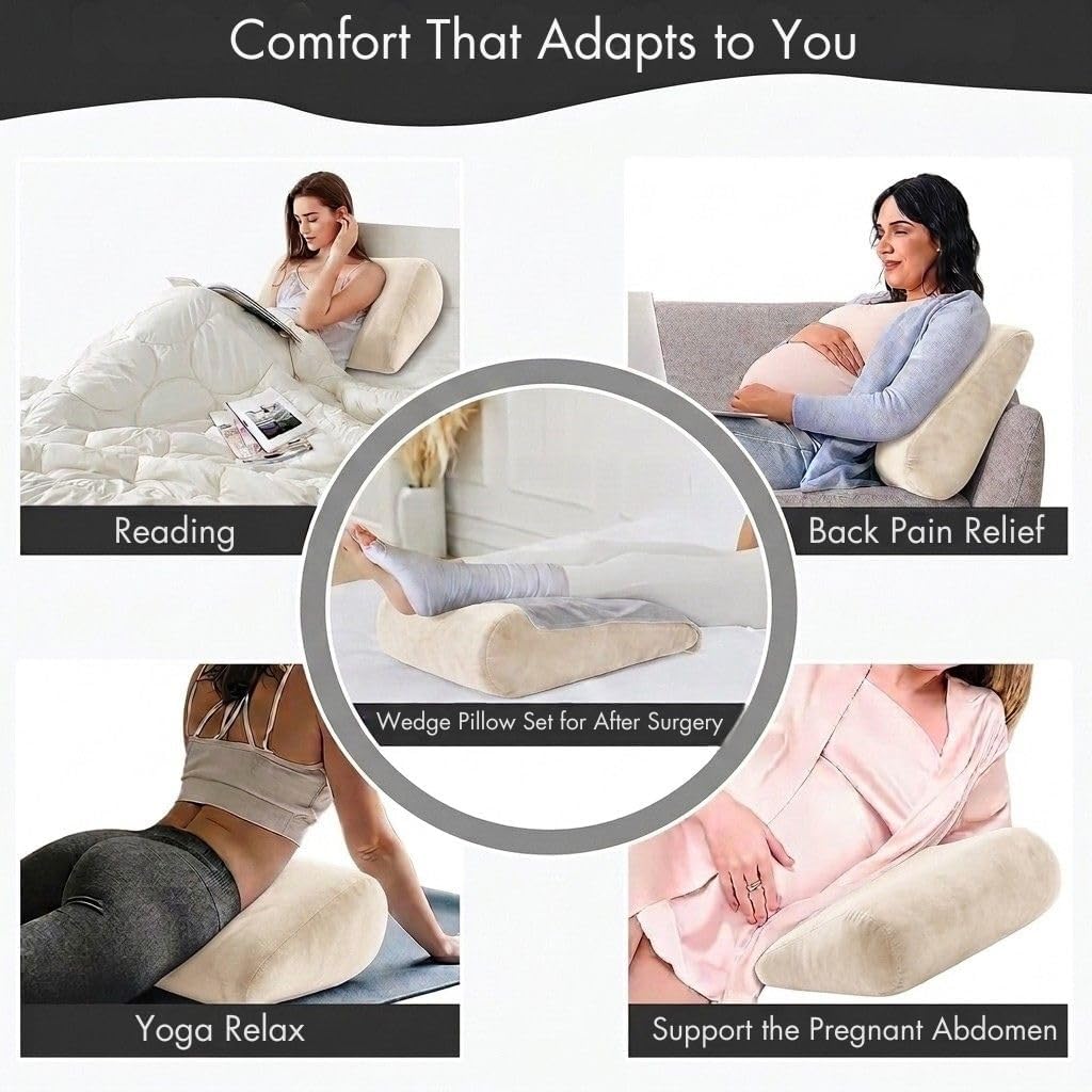 Maison Cozy® Inflatable Wedge Pillow for Travel and Sleeping - Adjustable Body Positioner for Back Support, Leg Elevation, Reading in Bed, Washable Velvet Cover, Travel Pouch (Sand Beige)