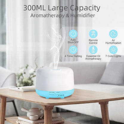 300ML Essential Oil Diffuser, Remote Control Ultrasonic Aromatherapy Oil Diffusers Cool Mist Humidifier, Waterless Auto-Off and 7 LED Light Colors for Bedroom, Yoga, SPA, Baby