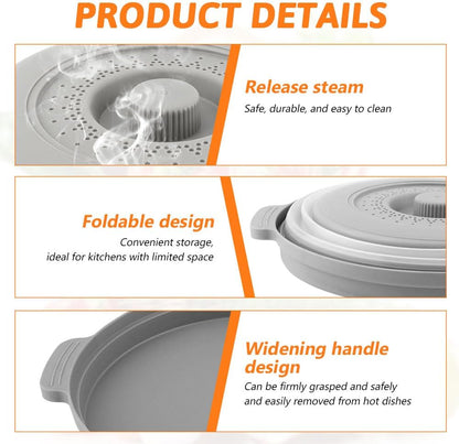 Collapsible Microwave Splatter Cover for Food with Base Mat,Silicone Microwave Plate Cover,Vented Silicone Splatter Guard Lid Vegetable Fruit Colander for Even Heatin(27 * 9.5cm,COLOR:Grey)