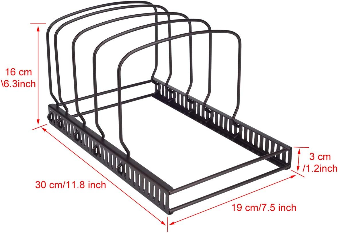 Toplife Pot Lids Organizer Rack for Cabinet and Countertop, 7+ Pan Lids and Bakeware Organizer Rack Holder with 7 Adjustable Compartments - Black