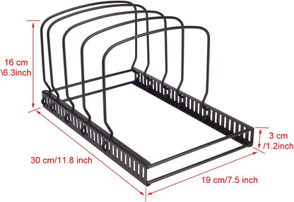 Toplife Pot Lids Organizer Rack for Cabinet and Countertop, 7+ Pan Lids and Bakeware Organizer Rack Holder with 7 Adjustable Compartments - Black