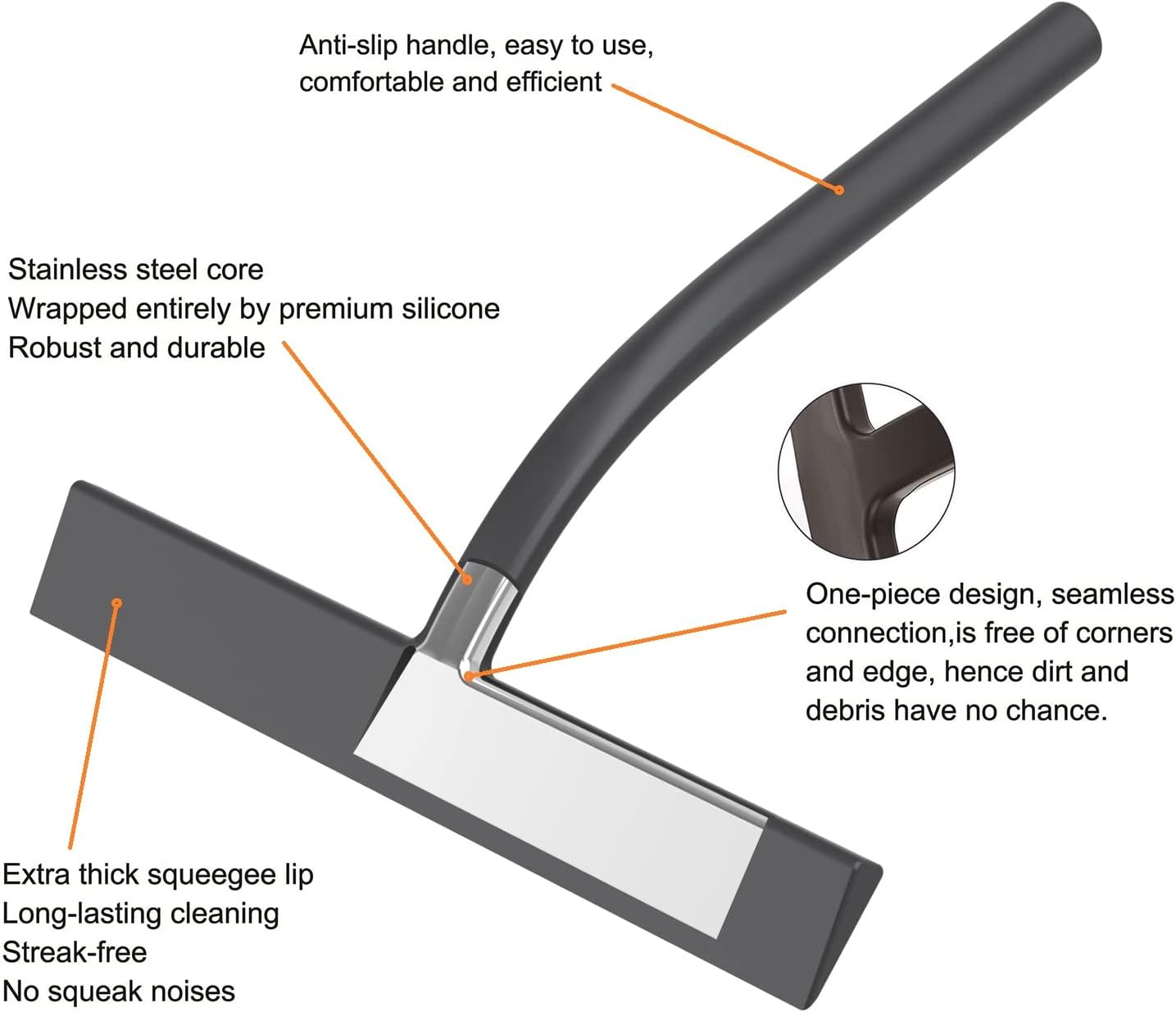 Silicone Shower Squeegee, Black, 9 inch | All-Purpose, For Shower Glass Door Window Mirror Tile Car Walls, 2 Hooks Included, Bathroom Accessories