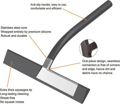 Silicone Shower Squeegee, Black, 9 inch | All-Purpose, For Shower Glass Door Window Mirror Tile Car Walls, 2 Hooks Included, Bathroom Accessories