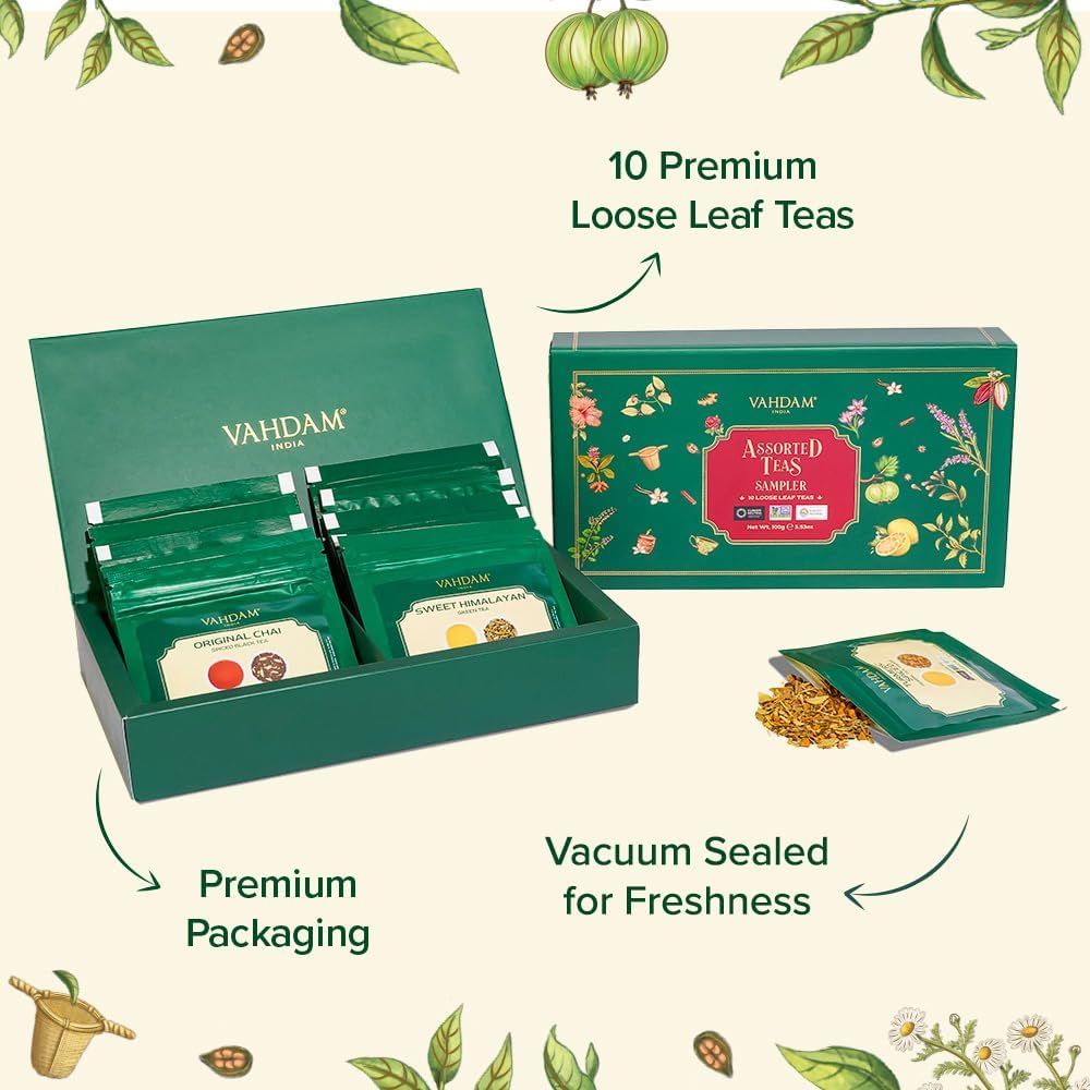 VAHDAM, Assorted Herbal Tea Sampler (18 Tea Bags, 9 Flavors) Caffeine-Free, Non-GMO | Double Infusion, Individually Enveloped Tea Bags | Herbal Tea Assortmen