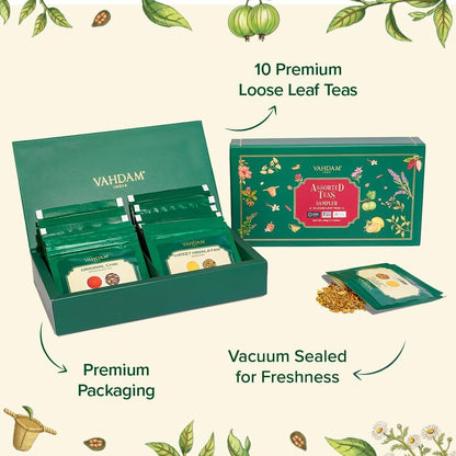 VAHDAM, Assorted Herbal Tea Sampler (18 Tea Bags, 9 Flavors) Caffeine-Free, Non-GMO | Double Infusion, Individually Enveloped Tea Bags | Herbal Tea Assortmen
