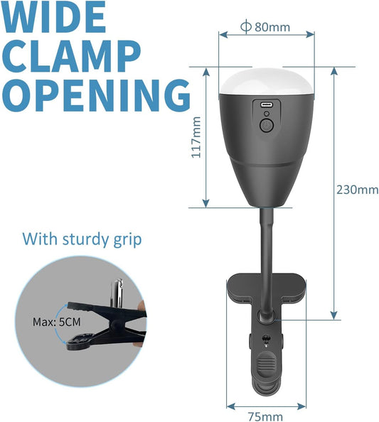 5000mAh Rechargeable Clip on Light, LED Reading Light, 3 Color Modes & Stepless Dimming, Cordless Reading Lamp with Clamp for Bed, Desk, Bedside Table, Camping