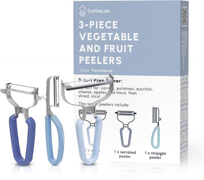 CuttleLab Vegetable Peeler Set – Serrated, Straight & Wide Blades- great apple peeler & potato peelers, Carrots, Zucchini, Cucumbers – Soft Grip Handle- Eye Remover – Dishwasher Safe (3, Country Chic)