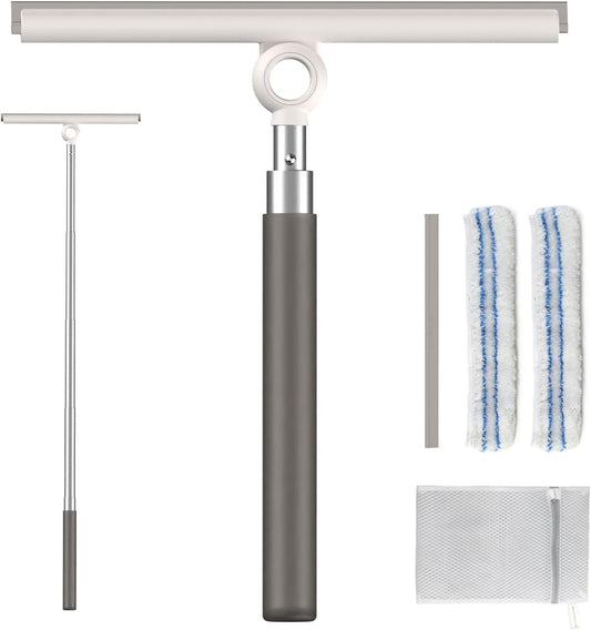 2-in-1 Shower Squeegee for Glass Doors with Telescopic Handle | Squeegee for Shower Glass with Microfiber Scrubber, Long Handle for Bathroom, Tile Wall, Car Windshield, Window,Mirror