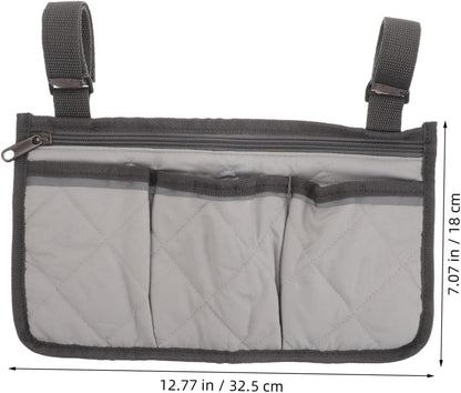Bed Rail Organizer with 4 Pockets, Safety Bed Assist Rail Storage Bag with Cup Holder, Gray Bedside Caddy for Mobility Aid and Hospital Use