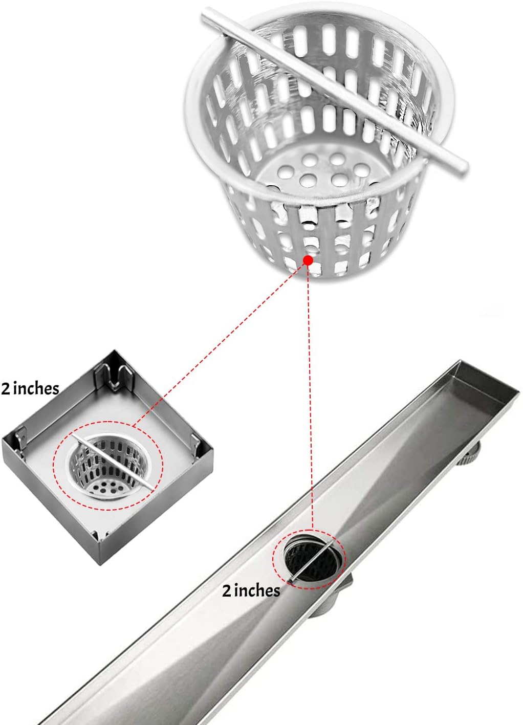 2 Inch Hair and Debris Strainer, Shower Drain Strainer with Lifting Hook, Stainless Steel Debris Basket Shower Drain Catcher, Hair Catcher for Floor Drain
