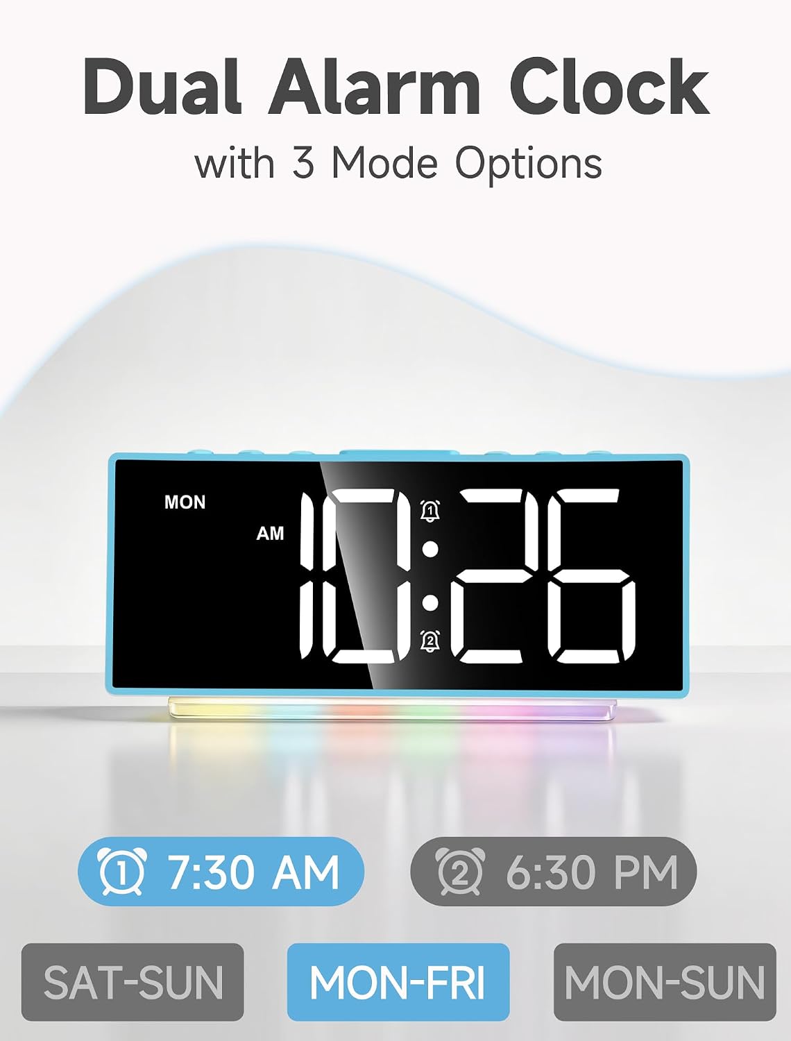 Cadmos Digital Alarm Clock - Extra Loud for Heavy Sleepers Adults Teens Kids, Rainbow Bedside Clock for Bedrooms, Large Display, 7 Color Night Light, Weekday & Weekend, 12/24h (Black+Dynamic)