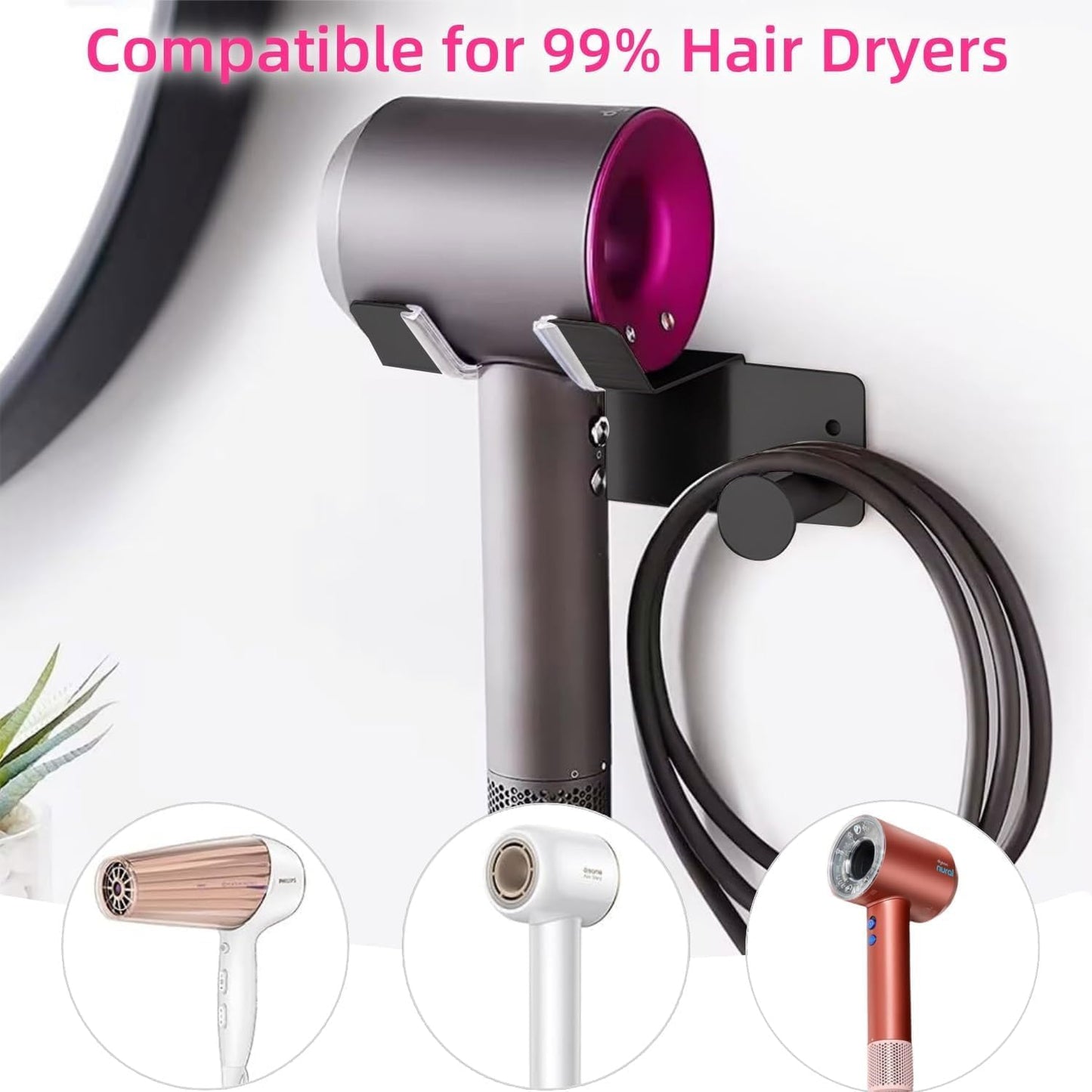 Hair Dryer Holder Wall Mounted, Stainless Steel Blow Dryer Holder for Bathroom, Hair Dryer and Straightener Holder Adhesive or Drilling, Hair Tool Organizer for Salon Barber Shops Banjekt