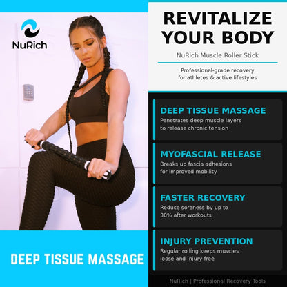 NuRich Muscle Roller Stick – 9-Roller Deep Tissue Massage Stick for Athletes – Trigger Point & Myofascial Release Tool for Legs, Calves & Back – 17.5 in Physical Therapy & Recovery Roller