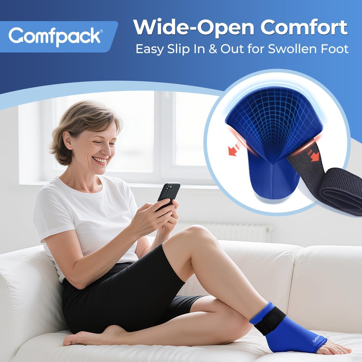 Comfpack Ankle Ice Pack Wrap - Reusable Hot & Cold Therapy | Flexible gel wrap for 360° foot pain relief, perfect for plantar fasciitis & sprains.