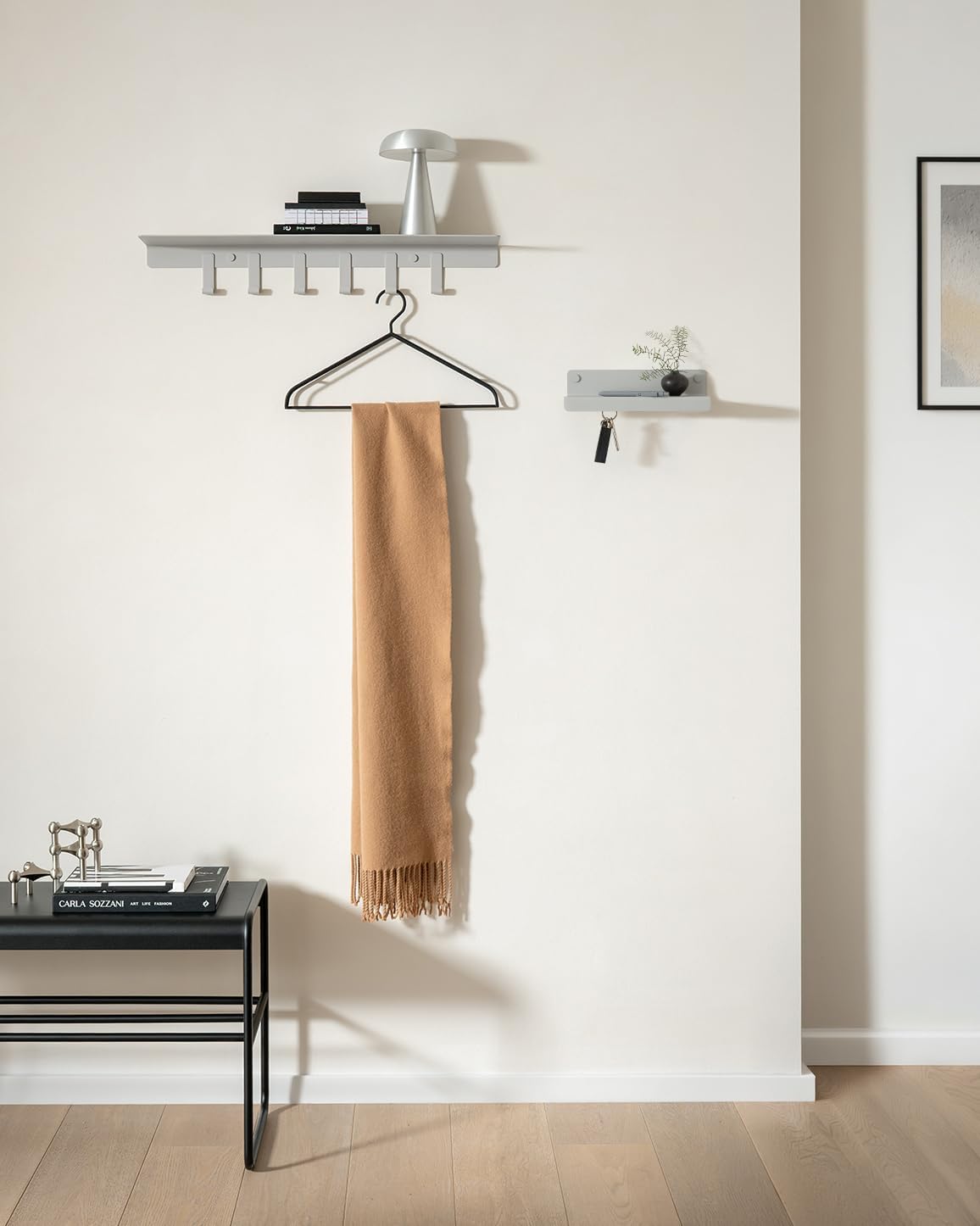 Kazai. Key Holder for Wall 'Holmsen' | Minimalist Key Hooks Design from Berlin | Modern Key Hanger with Metal Shelf | Key Hook Wall Mounted as Hallway Furniture | Sand Taupe