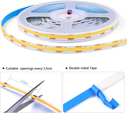 COB LED Strip Lights 12V,6-in-1 Door Sensor Control Under Cabinet Lighting Kit with 60W Adapter 6.56Ft Flexible LED Tape Light for DIY Wardrobe, Shoe Racks, Display Cabinets, Kitchen Cabinets