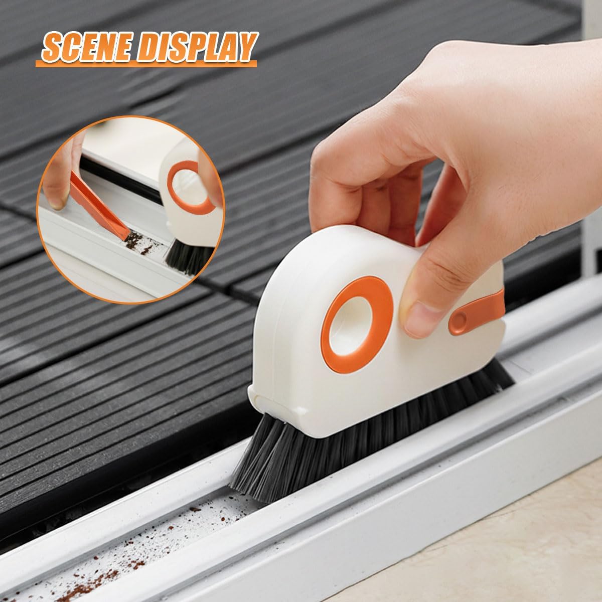 YoRise 2 in 1 Car Groove Cleaning Brush, Multifunctional Hard Bristle Car Window Track Cleaner Tool with Hidden Scraper, Universal Auto Door Crevice Cleaning Accessories for Window Sill(Orange-1PCS)