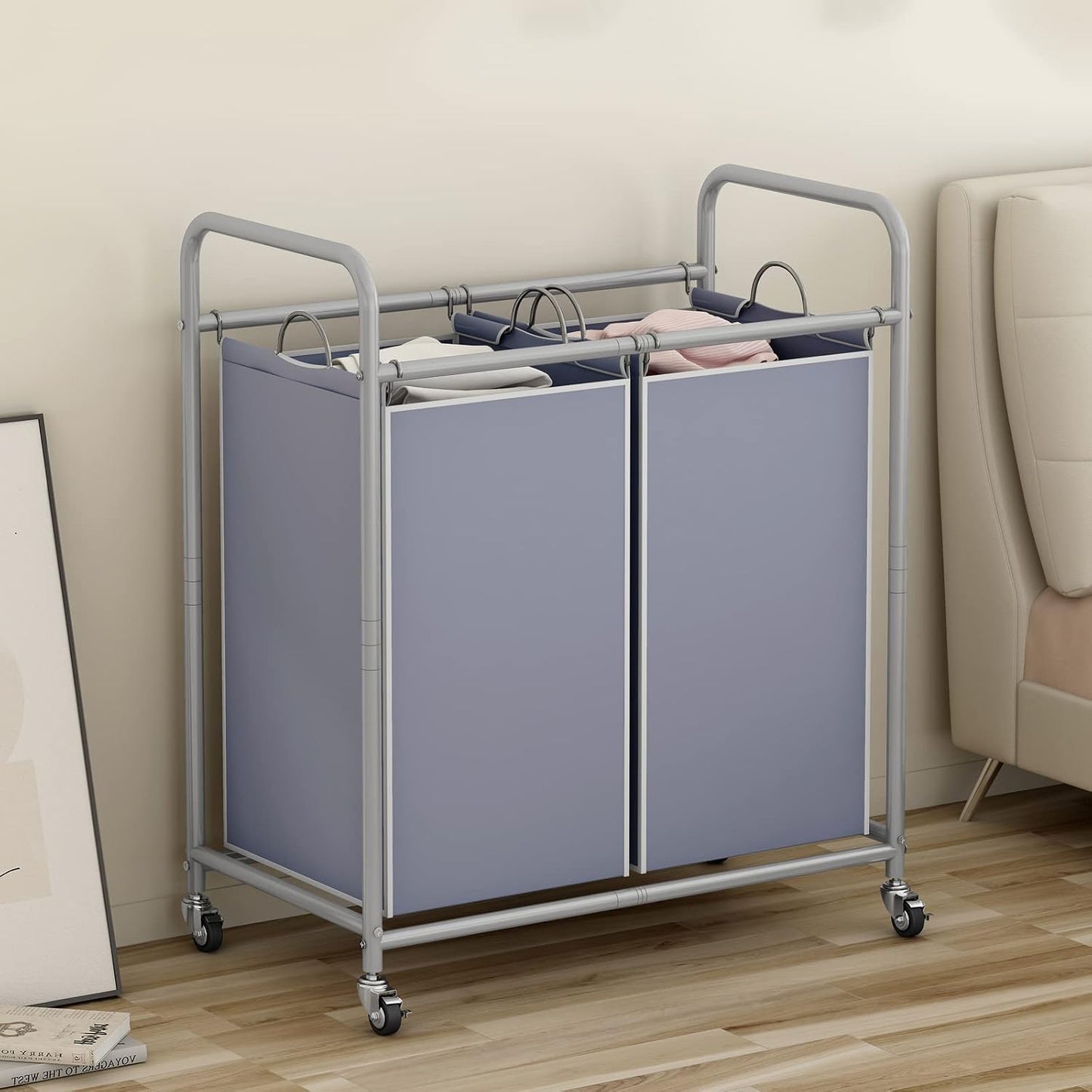 SUOERNUO Laundry Hamper with Lockable Wheels and 2 Removable Bags | Rolling Laundry Basket Laundry Sorter 2 section for Dirty Clothes in Laundry Room or Small Spaces, Grey+Beige