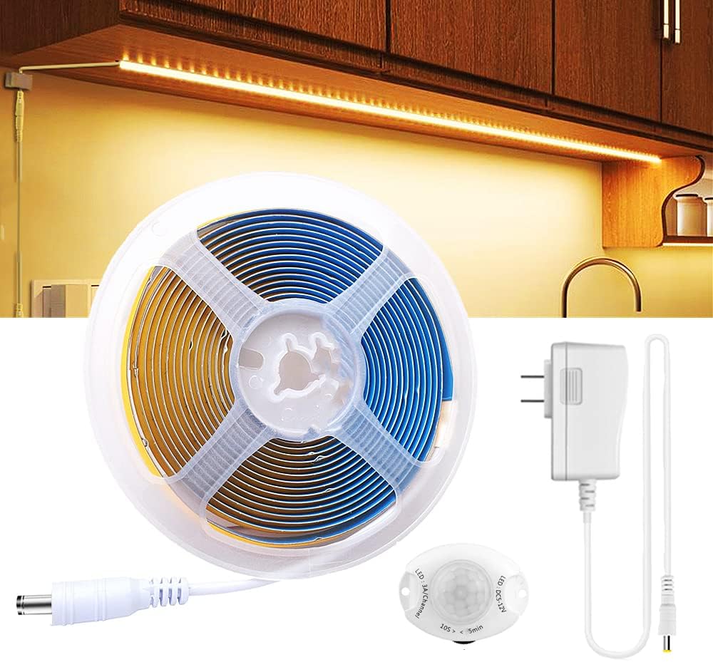 COB LED Strip PIR Set DC 12V 320Chips FOB Light Tape 3000K 4000K 6000K Lamp Band with 110V - 220V 1A 2A AC Power Adapter with PIR Sensor (1m COB Light+US 1A Power Supply+PIR Sensor, Cool White 6000K)