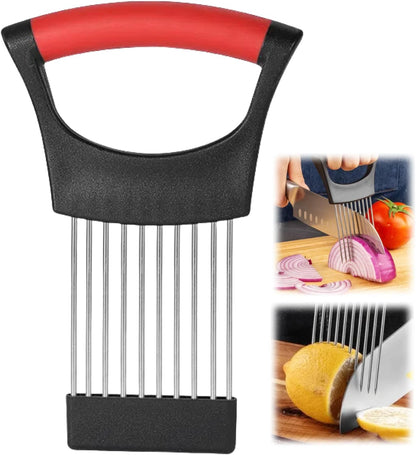 Onion Slice Holder, 2024 New Stainless Steel Holder for Slicing, Chopper Assistant Tool, Cutter for Meat, Onion, Potato, Tomato Kitchen Gadgets (Black, 2 Pack)