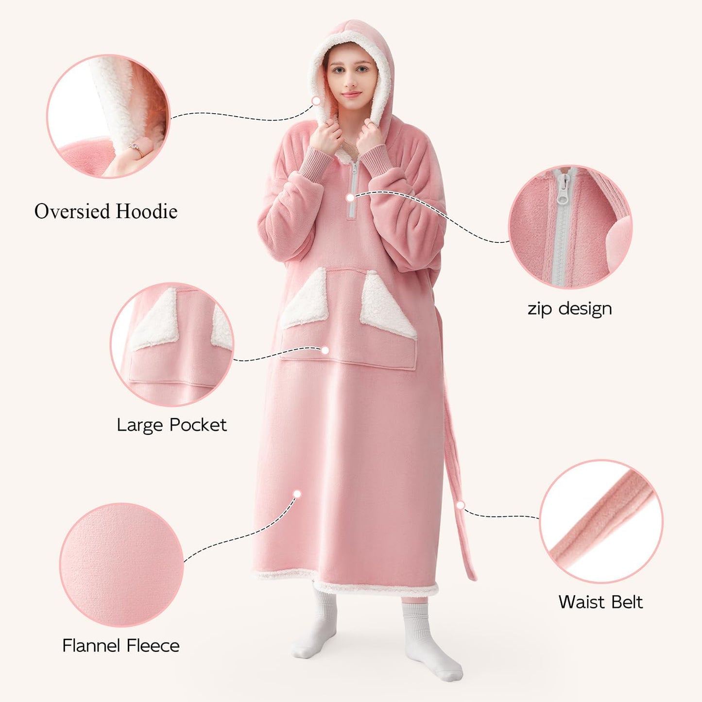 Wearable Blanket Hoodie, Oversized Sherpa Fleece Sweatshirt Blanket with Giant Hood Pocket and Sleeves for Adult, Warm & Cozy Grey Blanket Gifts for Women