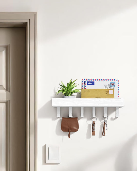 Key Holder Wall Mount Magnetic Adhesive, Key Hooks Rack with Shelf | Key Hanger with Mail Organizer for RV Camper Fridge Living Room Decor, Home Essentials, Black