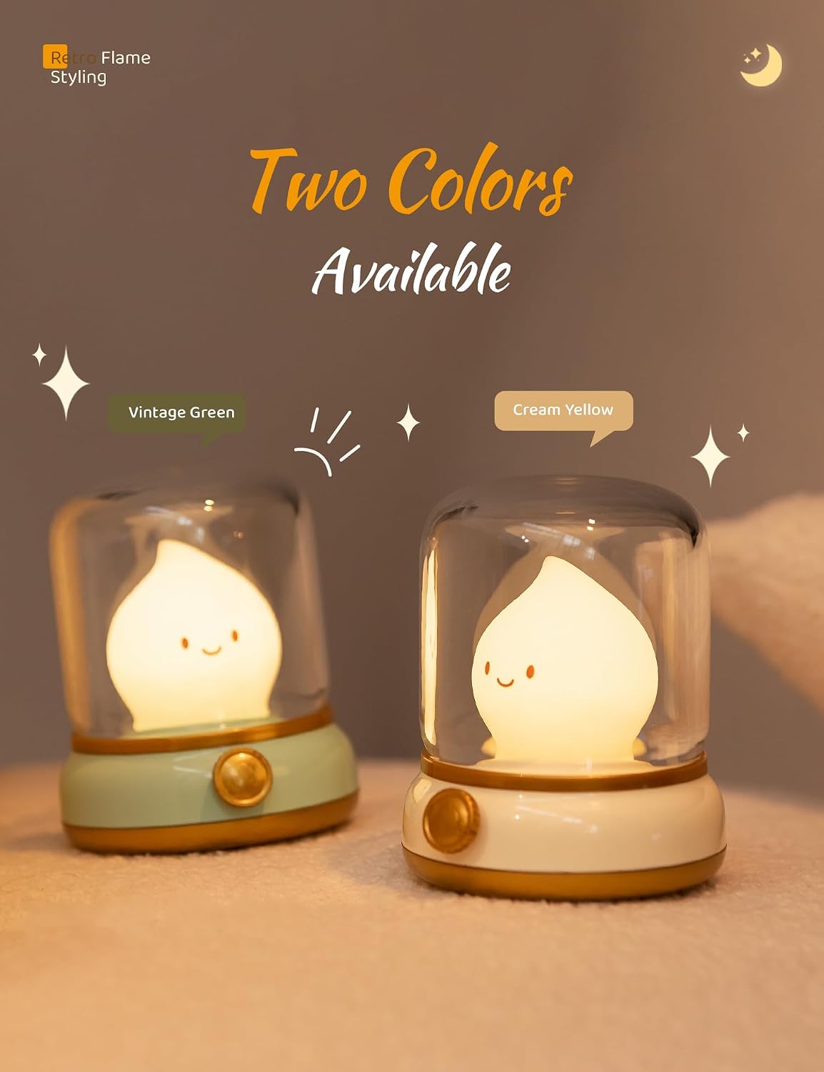 WANIDEA Night Light for Kids, Rechargeable Night Light for Bedroom | Stepless Dimming, Retro Flame, Room Decor, Warm Candlelight, Gifts for Kids, Bedside Lamp With USB-C Charging Cable
