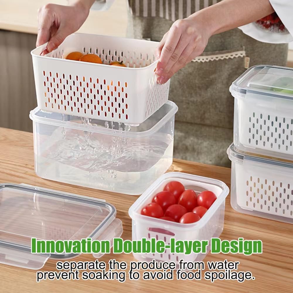 5 Pack Fruit Storage Containers for Fridge with Removable Colander, Produce Containers BPA-free Fridge Organizer to Keep Berry Lettuce Vegetable Fresh, Dishwasher & Microwave Safe
