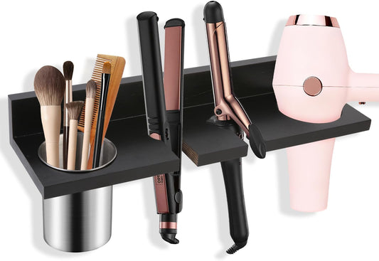 Hair Tool Organizer for Bathroom – Wall Mounted Hair Dryer Holder with Heat-Resistant Cups, Curling Iron & Straightener Rack, Blow Dryer Organizer for Vanity or Wall (Black)