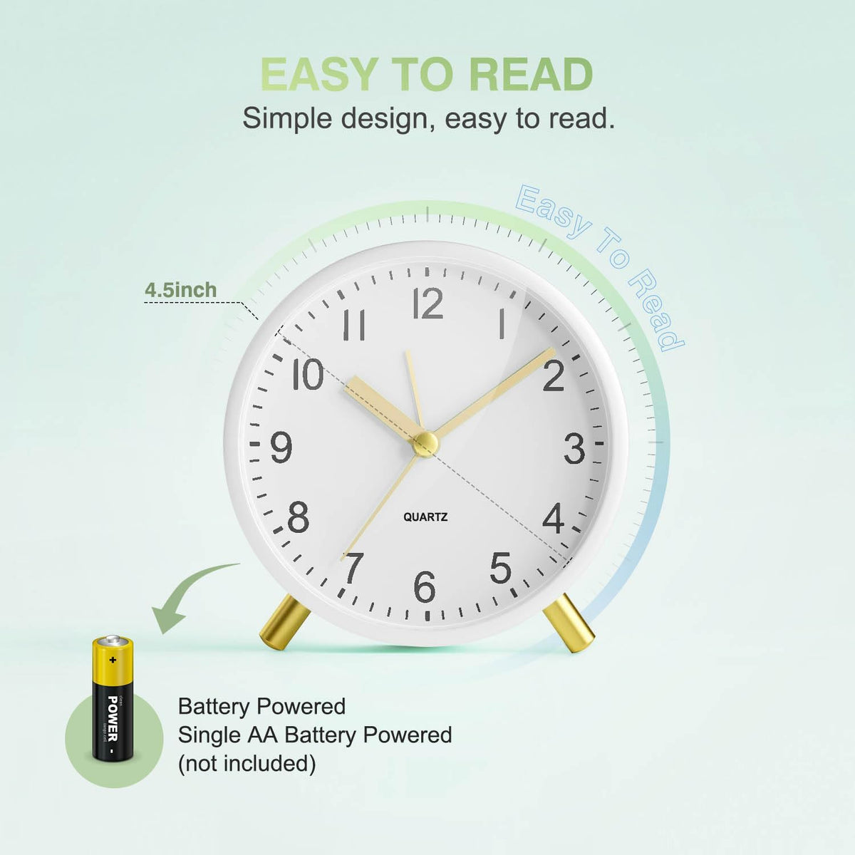 Analog Alarm Clock, Silent Non-Ticking with Night Light, Fashionable Round Metal Alarm Clock for Office, Battery Operated, Bedroom, Elderly, Adults, Children, Student Gifts
