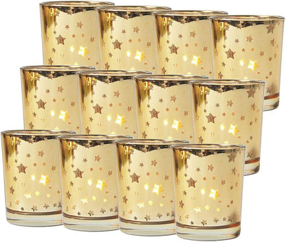 Gold Votive Candle Holder Set of 12, Mercury Bulk Glass Tealight Candle Stands, Perfect for Home, Parties, and Wedding Decor-Tea Light Candles not Included
