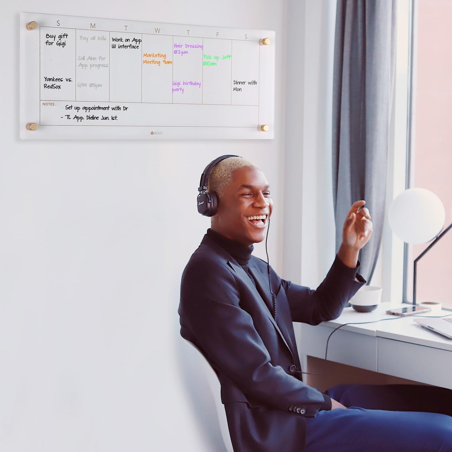 Yeoux Clear Glass Golden Weekly & Menu Dry Erase Calendar Board 15“x11 | Wall Mount, Non-Magnetic, Meal Planning & Grocery Shopping List Whiteboard for Kitchen & Home, 4 Markers