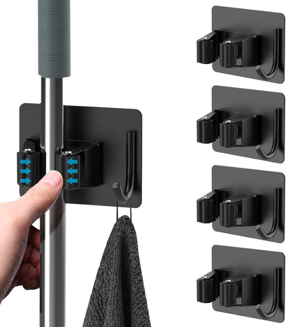 homeasy Broom Holder Wall Mount 4Pcs, Self Adhesive Mop Broom Hanger Black | Self adhesive stainless steel broom organizer with 4 hooks, holds mops, brooms and garden tools without drilling