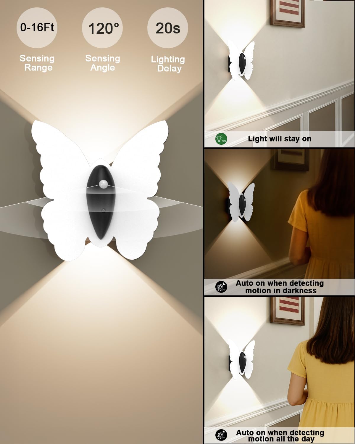 Eneru Motion Sensor Wall Sconce Set of 2, Rechargeable Wall Lights, Indoor