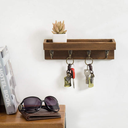 MyGift 10 Inch Brown Wood Wall Mounted Floating Shelf Key Rack with 4 Hooks | Four Metal Hooks, Space Saving Storage, Entryway Organization, Rustic Accent, Keys Mail Accessories Display