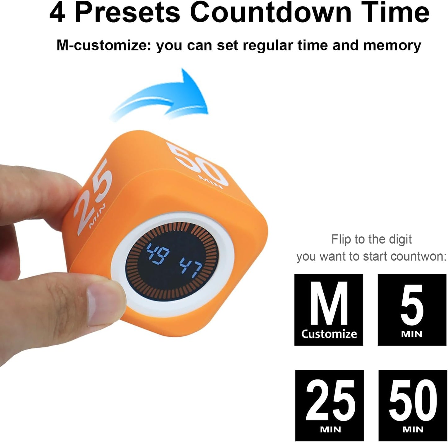 Rotating Cube Pomodoro Visual Timer 5, 25, 10 50 Minutes Preset | Custom Countdown, LED Display, Silicone Case, Loud Alarm&Silent, Rechargeable Desk Productivity Flip Timers for ADHD, Kitchen