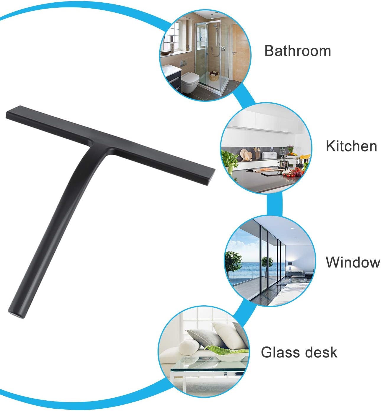 Silicone Shower Squeegee, Black, 9 inch | All-Purpose, For Shower Glass Door Window Mirror Tile Car Walls, 2 Hooks Included, Bathroom Accessories