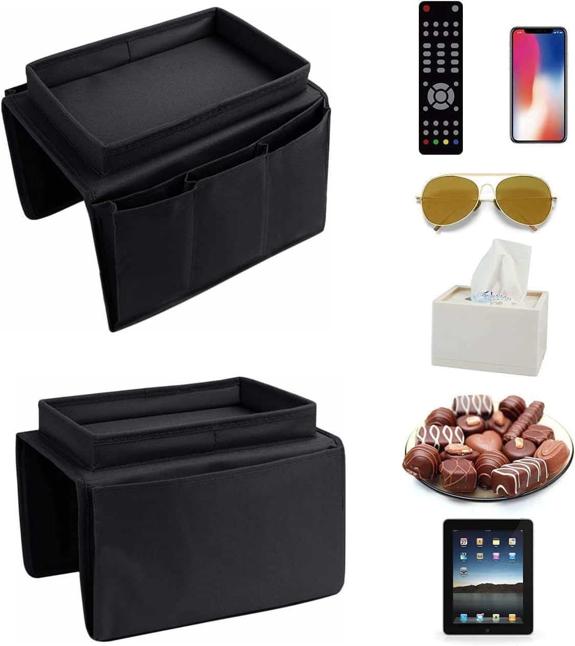Sofa Armrest Organizer with Cup Holder No-Slip Couch Sofa Armrest Organiser Couch Remote Caddy Control Holder with 1 Large Pockets and 3 Small Pockets for TV Remotes Cellphone Magazines Drinks (Black)