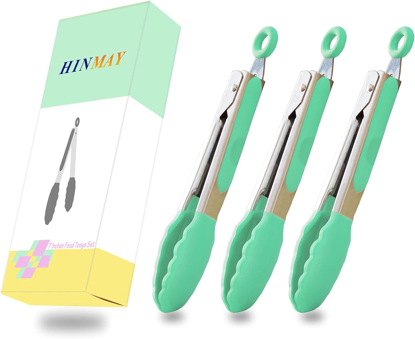 HINMAY Mini Tongs with Silicone Tips 7-Inch Serving Tongs, Set of 3 (Red Blue Green)