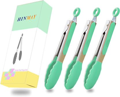 HINMAY Mini Tongs with Silicone Tips 7-Inch Serving Tongs, Set of 3 (Red Blue Green)