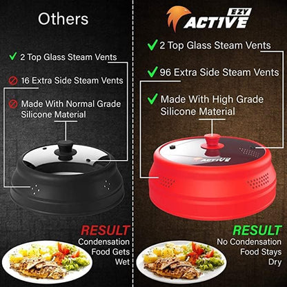 Collapsible Microwave Cover for Food - Silicone and Glass Splatter Guard Lid for 6-12 inch Plates & Bowls, Dishwasher Safe, Heat Resistant, BPA-Free, Black