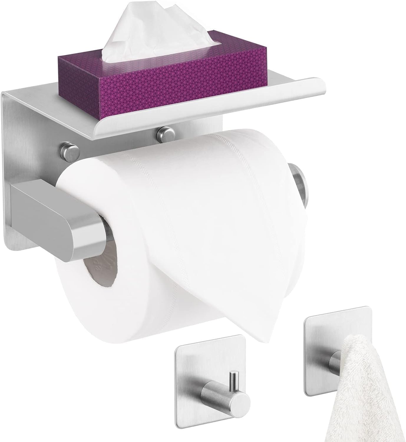 WDFAACK Chrome Toilet Paper Holder with Shelf for Extra Storage, 2-in-1 Wall Mounted Bathroom Tissue Stand for Cell Phone and Small Items